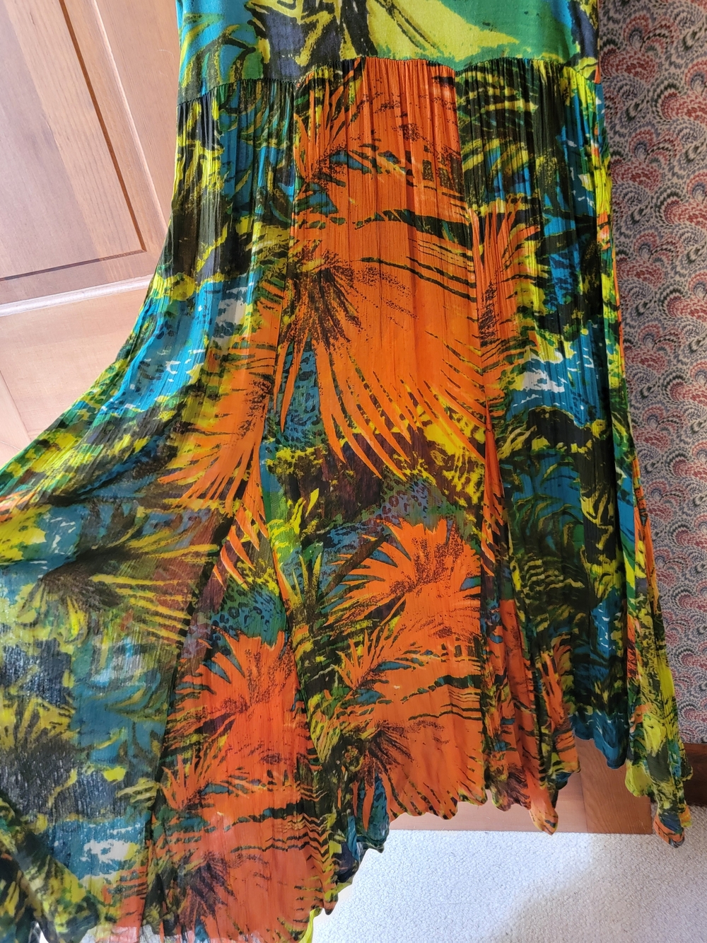 Vintage 90s PHOOL Boho Crinkle Rayon Abstract Maxi Dress Handkerchief Hem Large - Picture 6 of 14
